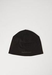 Beanie nera realizzata in tessuto morbido e elasticizzato. Presenta una texture liscia e un logo discreto, con una parte superiore arrotondata e un orlo allungato.