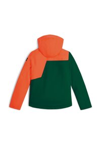 Hooded jack met een gesplitst ontwerp, met een oranje bovenhelft en een groene onderhelft; gladde textuur met contrasterende panelen.