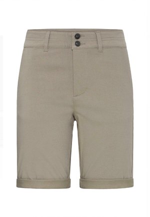 Μπεζ σορτς μήκους μέχρι το γόνατο με διπλά μαύρα κουμπιά, θηλιές για ζώνη, γυρισμένα τελειώματα και απλό εμπρός σχέδιο.