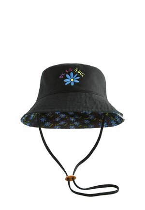 Black bucket hat with blue flower and "De La Soul" text embroidered on front, floral patterned inner brim, and adjustable chin strap with toggle.