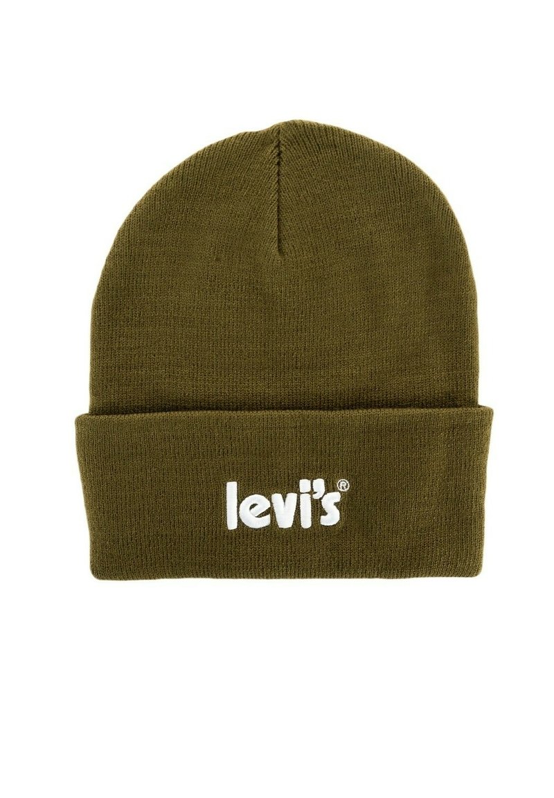 Oliwkowa dzianinowa czapka z wywiniętym brzegi, z białym haftowanym logo "levi's" z przodu. Miękka tekstura, prosty design.