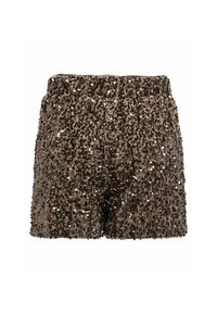 Krátké kalhoty se flitry a elastickým pasem, s texturovaným povrchem, v odstínech tmavě hnědé a bronzové barvy, odrážející světlo díky flitrům.