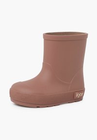 Botte de pluie en caoutchouc rose poussiéreux, hauteur mi-mollet, avec une semelle texturée et une finition lisse. Présente un logo sur le côté.