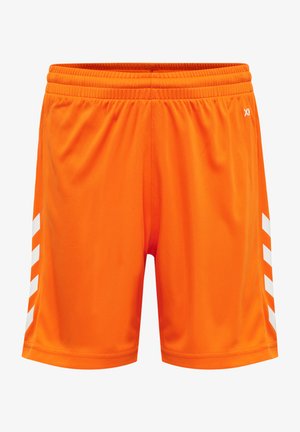 Oranje sportshorts met een elastische tailleband, met witte diagonale strepen aan beide zijkanten. Gemaakt van een gladde, lichte stof.