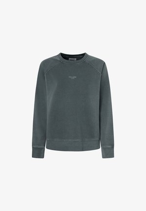 Felpa verde scuro con collo rotondo, maniche a raglan, polsini e orlo elastici, con un logo discreto sul petto. Texture morbida.