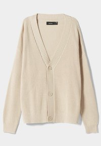 Cardigan en tricot à côtes beige avec un col en V, des manches longues et deux boutons à l'avant. Présente une finition texturée et des poignets ajustés.