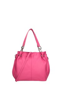 Roze leren handtas met een gerimpeld ontwerp, dubbele handvatten en zilverkleurige hardware accenten. Voorzien van een afneembare schouderriem voor veelzijdigheid.