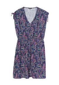 Navy Kleid mit Paisleymuster in Pink, Grün und Weiß. V-Ausschnitt, elastischer Bund und geraffte Ärmel mit Bändern. Leichter Stoff.