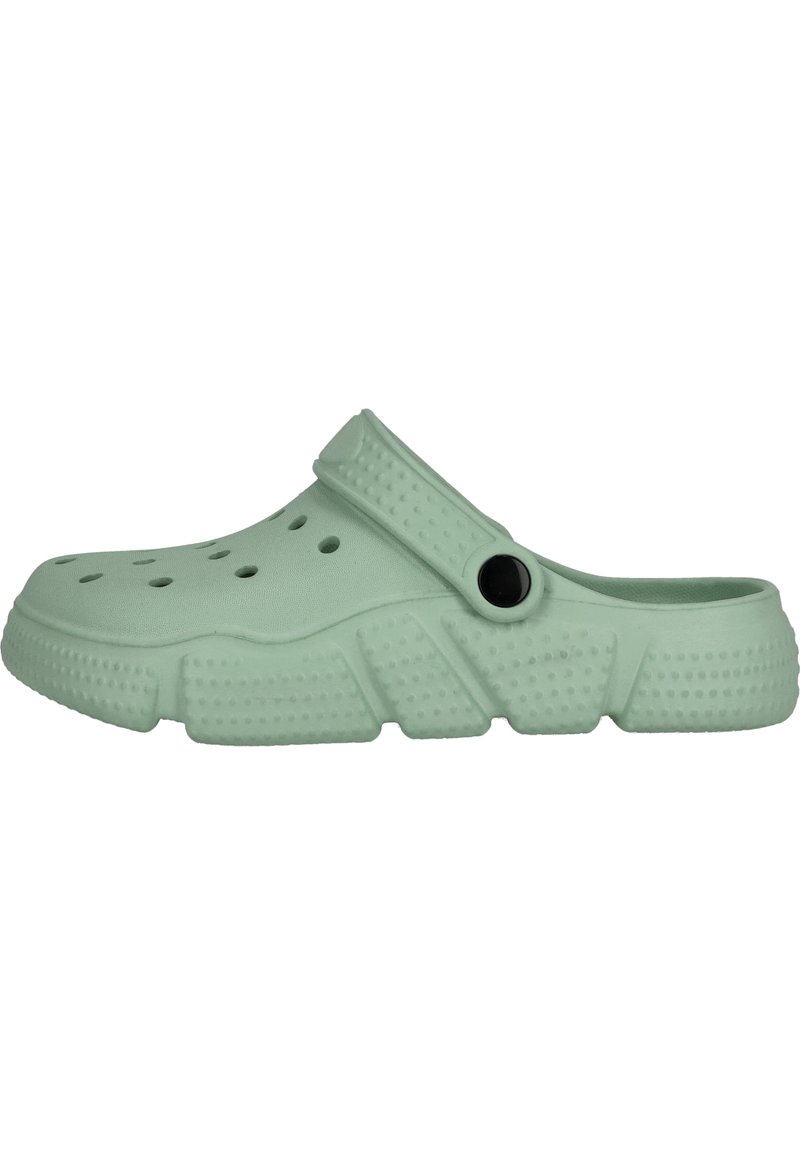 Hellgrüner Clog aus Gummi mit Belüftungslöchern, einem hinteren Riemen und einer strukturierten Sohle mit kleinen erhabenen Punkten für den Grip.