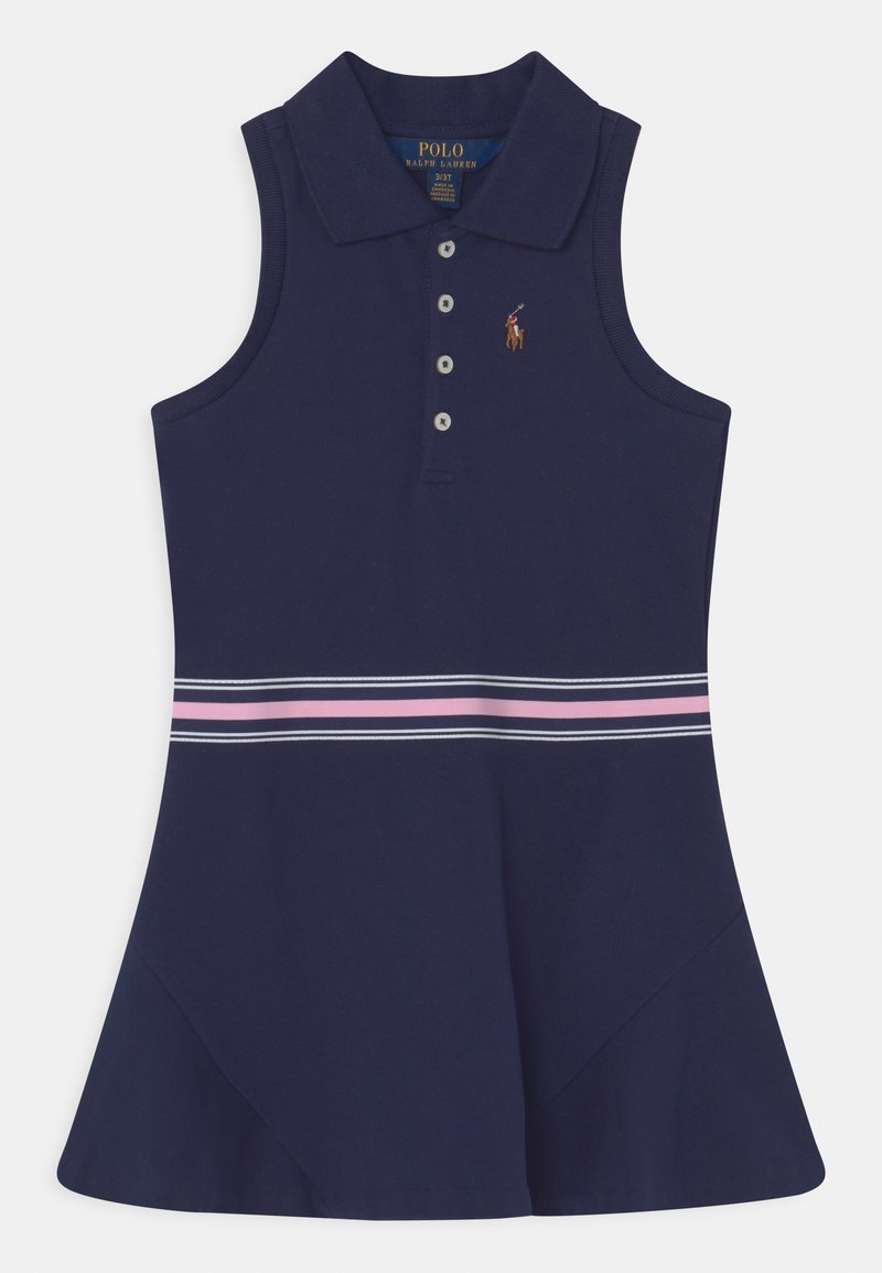 Marineblauwe polojurk met mouwloos ontwerp, kraag, drie knopen en horizontale roze en witte strepen ter hoogte van de taille. Dunne stofstructuur.