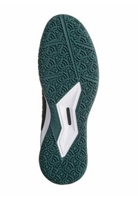Svart atletisk skosula med en grönmönstrad gummiyta, med en kontrasterande vit detalj och en central spår för flexibilitet.