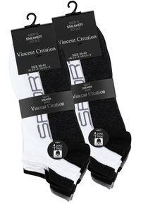Calzini da ginnastica da uomo in bianco e nero. Misura in cotone misto, punta rinforzata, polsini a coste. Il pacco include quattro paia con etichette per taglia e marca.