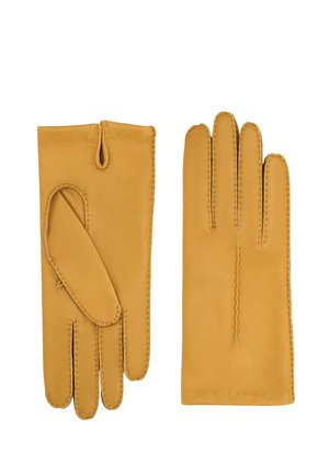 Gants en cuir jaune moutarde au toucher lisse, comportant quatre doigts, un pouce et des coutures décoratives le long des bords.