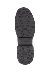 Semelle de chaussure en caoutchouc noir avec des rainures profondes et un logo en relief, présentant un motif texturé pour une meilleure traction et durabilité.