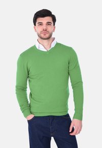 Maglione verde lavorato a maglia con scollo a V, maniche lunghe e polsini a coste, indossato sopra una camicia bianca con colletto, abbinato a jeans blu.