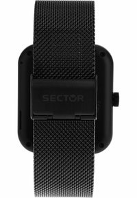 Orologio in metallo nero con cinturino a rete testurizzata, cassa quadrata e una sola corona laterale. Presenta una finitura opaca e un marchio inciso.