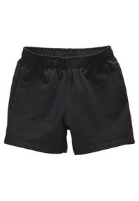 Shorts en coton noir avec une taille élastique, offrant une coupe décontractée et une texture lisse, adaptés pour un usage quotidien.