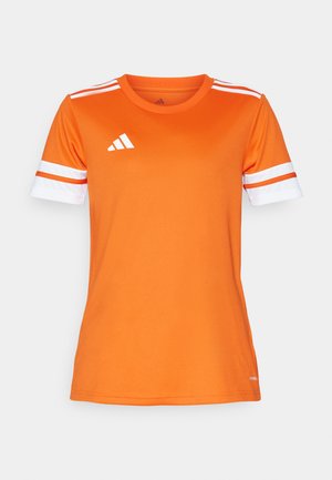 Orange athletic shirt with white and orange striped sleeves, made of smooth fabric. Features the Adidas logo in white on the chest.