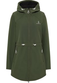 Veste softshell verte avec capuche, fermeture éclair devant, taille réglable par cordon, deux poches latérales et détails en métal argenté.