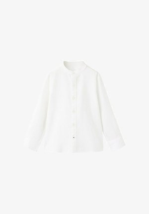 Camicia bianca a maniche lunghe con colletto alla coreana e chiusura frontale con bottoni, mostrata su uno sfondo bianco uniforme.