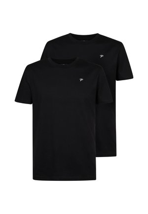 Zwarte katoenen t-shirts, een ronde hals, met korte mouwen, met een klein wit logo op de linkerkant van de borst, verkocht in een verpakking van twee.