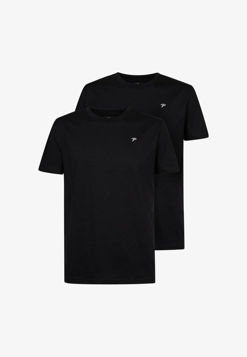 Schwarze Baumwoll-T-Shirts, mit Rundhalsausschnitt und kurzen Ärmeln, mit einem kleinen weißen Logo auf der linken Brust, verkauft im Doppelpack.