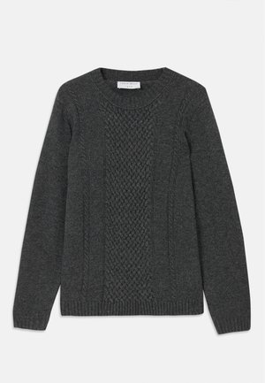Gray knitted sweater featuring a textured diamond pattern on the front, ribbed cuffs, and a classic round neckline.