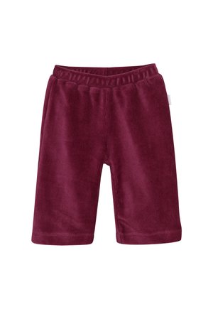 Zachte kastanjebruine corduroy babybroek met elastische tailleband en een klein zijlabel, weergegeven tegen een witte achtergrond.