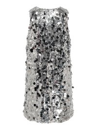Robe courte sans manches entièrement recouverte de grands sequins argentés réfléchissants créant une surface scintillante et texturée.