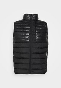 Musta toppaliivi, jossa on korkea kaulus, vaakasuora tikattu kuvio, edessä vetoketju ja sivutaskut. Edessä kohokuvioitu logo.