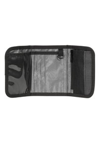Black wallet with a textured exterior. It has multiple transparent pockets, a zippered compartment, and a basketball pattern on the interior.