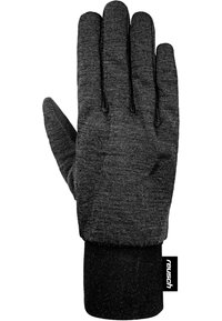 Gant en tricot gris foncé avec une manchette noire et une étiquette de logo, conçu pour le temps froid et l'utilisation d'écrans tactiles.