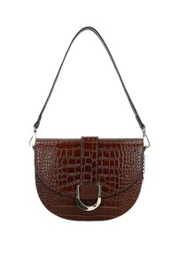 Borsa a mano in pelle marrone con pattern coccodrillo, dalla forma curva, con dettaglio in metallo a chiusura e una tracolla nera removibile.
