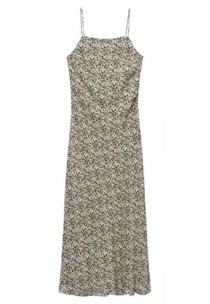 Ærmeløs lang kjole med tynde stropper og et lille blomstret og leopardmønstret print i beige, brune og sorte farver.