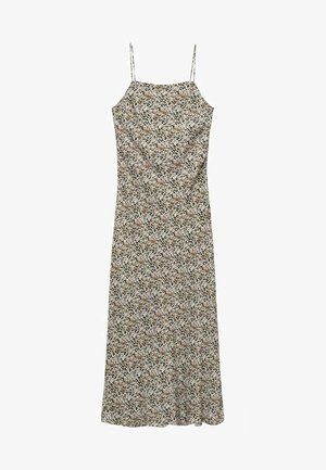 Ærmeløs lang kjole med tynde stropper og et lille blomstret og leopardmønstret print i beige, brune og sorte farver.