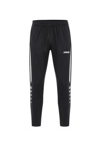Schwarze Sportleggings aus leichtem Stoff, mit einem weißen Logo, seitlichen Streifen und Knopfakzenten entlang der Unterschenkel.