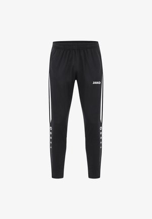 Pantaloni sportivi neri realizzati in tessuto leggero, con un logo bianco, strisce laterali e dettagli con bottoni lungo la parte inferiore delle gambe.