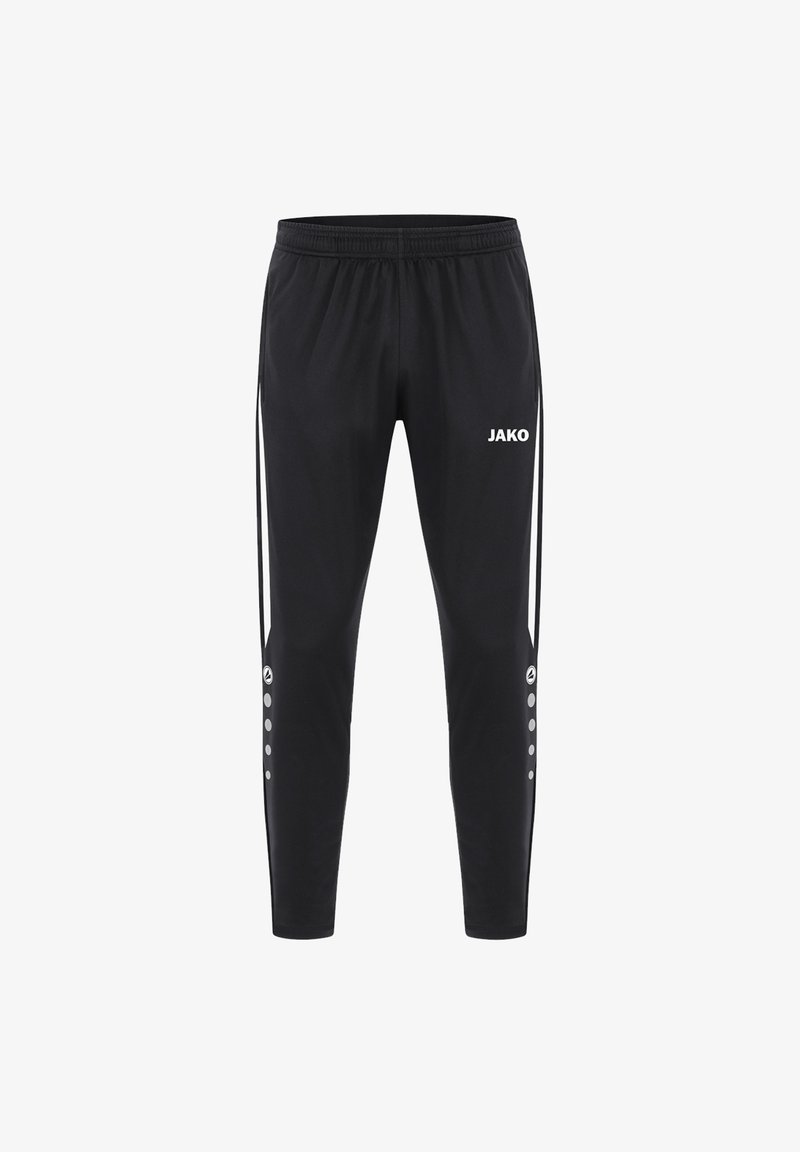 Schwarze Sportleggings aus leichtem Stoff, mit einem weißen Logo, seitlichen Streifen und Knopfakzenten entlang der Unterschenkel.