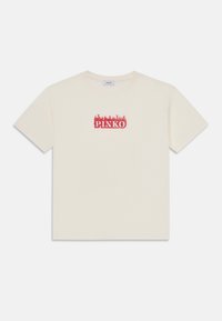 Roomkleurige katoen T-shirt met een rood geborduurd logo en vlamaccenten. Korte mouwen en een ronde halslijn. Ontspannen pasvorm.