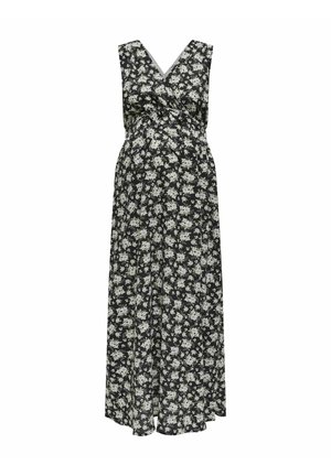 Floral maxi dress with a black background, featuring white and green flowers, a V-neckline, wrap design, and flowy silhouette.