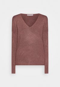 V-ringad tröja i dämpad vinröd färg, tillverkad av mjukt, strukturerat tyg; har långa ärmar samt ribbade muddar och fåll.