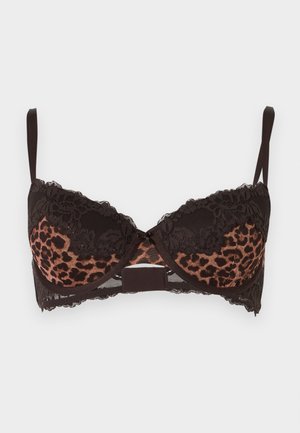Black lace bra with leopard print fabric on cups, adjustable straps, and underwire support, displayed against a white background.