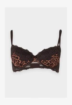 Soutien-gorge en dentelle noire avec tissu à motif léopard sur les bonnets, bretelles réglables et armatures, présenté sur fond blanc.