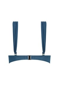 Modrá tkaninová podprsenka bez kostic s nastavovacími ramínky, obsahující zapínání vpředu a hladký povrch. Jednoduchý design, navržený pro pohodlí a správné padnutí.