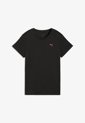 Zwart T-shirt met korte mouwen van zachte stof, met een ronde hals en een klein roze Puma-logo op de borst. Eenvoudig ontwerp, zonder patronen.