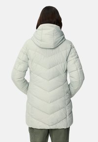 Light gray puffer coat with diagonal chevron stitching, a large hood, and a hip-length cut. Smooth texture with long sleeves.