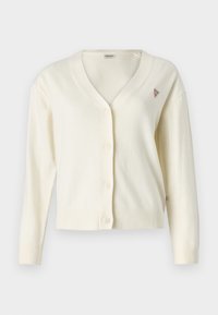 Cardigan en crème avec un décolleté en V, bouton devant, manches longues, poignets et ourlet côtelés. Présente un petit logo triangulaire sur la poitrine.