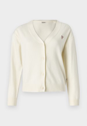 Cardigan crema con scollo a V, davanti con bottoni, maniche lunghe, polsini e orlo a costine. Presenta un piccolo logo triangolare sul petto.