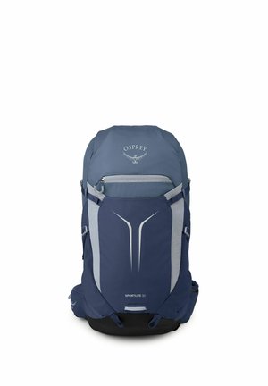Sac à dos de randonnée Osprey Sportlite 30 bleu et gris avec plusieurs compartiments et bretelles réglables, vue de face sur fond blanc.