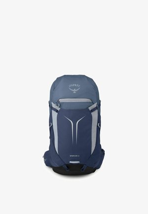 Sac à dos de randonnée Osprey Sportlite 30 bleu et gris avec plusieurs compartiments et bretelles réglables, vue de face sur fond blanc.